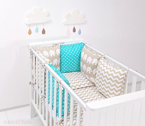 Completo per letto da neonato - con paracolpi per lettino modulare - 17  pezzi - beige e turchese - 60 x 120 cm - Mamma Happy